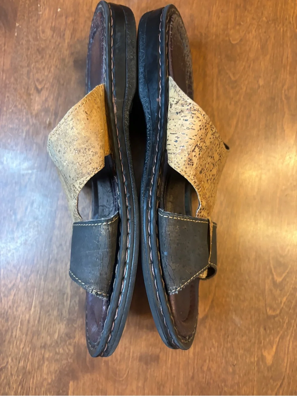 Two-Tone Cork & Dark Brown Leather Slide Sandals